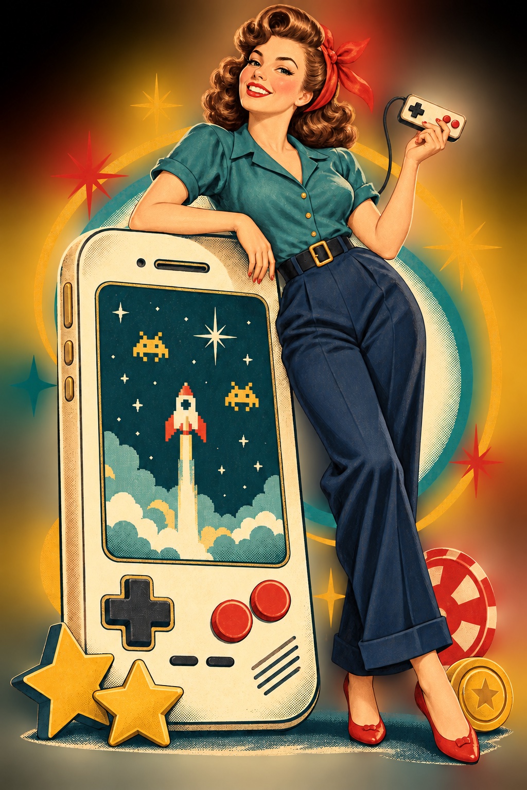 Vintage illustrated game maker beside a playful mobile arcade device